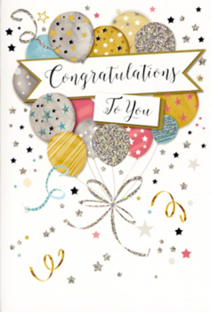 A beautifully illustrated congratulations card fills the frame, designed with the same care and balance as an elegant bouquet. The focal point is a lush gathering of balloons that seems to billow from the lower third of the card upwards, layered so that some shapes overlap and others peek from behind, creating depth and the impression of gentle movement. The balloons are rendered in a harmonious palette of champagne golds, brushed silvers, dusky pinks, soft sky blues, and understated greys, with each one embellished by subtle patterns of starry dots, fine stripes, and sparkling glitter accents. Fine metallic ribbons trail from the base of each balloon, drawn in twisting, curling lines of gold and silver that meet in a tidy cluster, echoing the way ribbon tails fall from a hand-tied bouquet ready for delivery in Earls Court. A sweeping banner drapes horizontally across the central section of the design, bearing the handwritten-style message "Congratulations To You" in graceful, looping script that makes the sentiment feel both heartfelt and refined. The background remains light and uncluttered, softly tinted and sprinkled with tiny metallic stars and loose confetti swirls that wander casually across the space, as if drifting on the air after a toast at a celebratory gathering off Cromwell Road. There is no harsh contrast or loud colour; instead, the card glows with a gentle, celebratory glamour, reminiscent of evening light reflecting off shop windows on Earls Court Road. It's the kind of card that would pair beautifully with a sophisticated floral arrangement to mark promotions, exam results, new beginnings, or any proud milestone worth remembering.